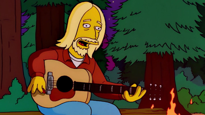 Animated Tom Petty with an acoustic guitar next to a campfire in The Simpsons