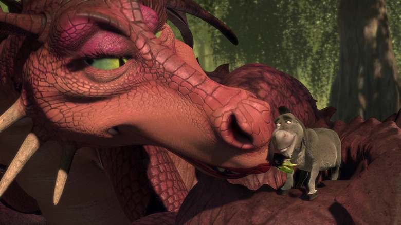 A dragon kissing Donkey at the end of Shrek.