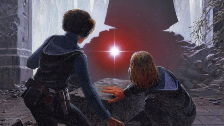 Leia and Luke looking up at Darth Vader on the cover art for Star Wars: Splinter of the Mind's Eye