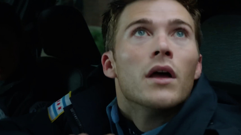 Scott Eastwood as Officer Jim Barnes staring intensely on Chicago Fire