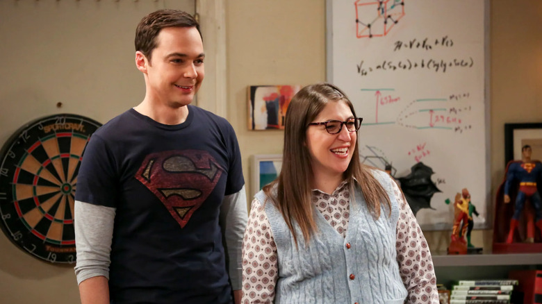Sheldon and Amy standing in the apartment and smiling on The Big Bang Theory