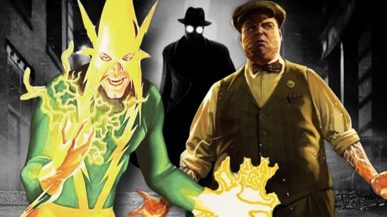 Electro by Alex Ross next to Megawatt from Spider-Noir with a Spider-Noir poster background