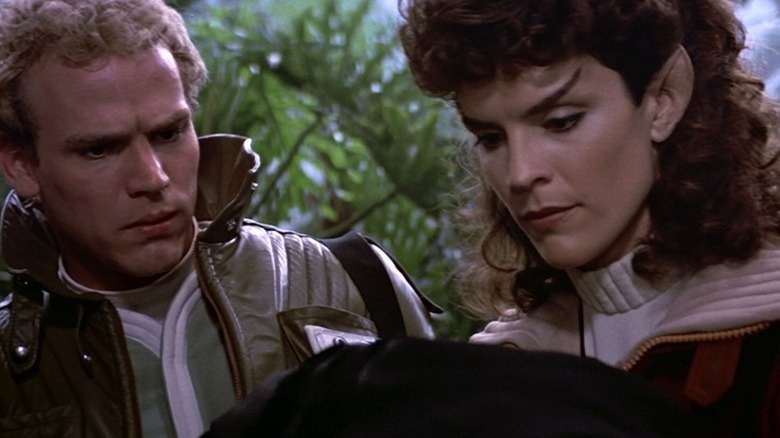 Robin Curtis as Saavik discovers a reborn Spock with Merritt Butrick as David Marcus in Star Trek III The Search for Spock