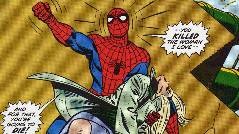 Spider-Man raging at the death of Gwen Stacy in The Amazing Spider-Man #122