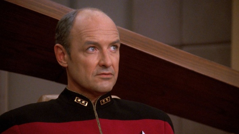 Admiral Pressman looking grumpy on the brige of the Enterprise-D on Star Trek: The Next Generation