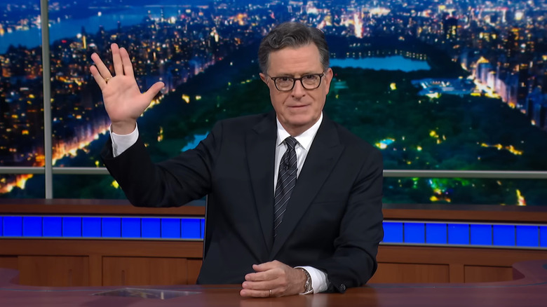 Stephen Colbert doing the live long and prosper sign in The Late Show With Stephen Colbert
