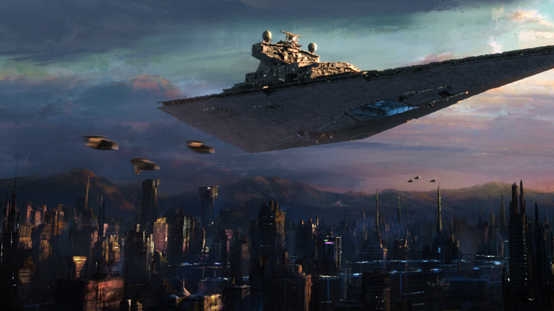 A Star Destroyer descending on a city on Janix in Maul - Shadow Lord