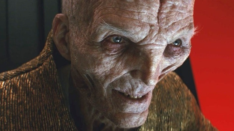 Star Wars: The Last Jedi close-up of Supreme Leader Snoke grinning evilly