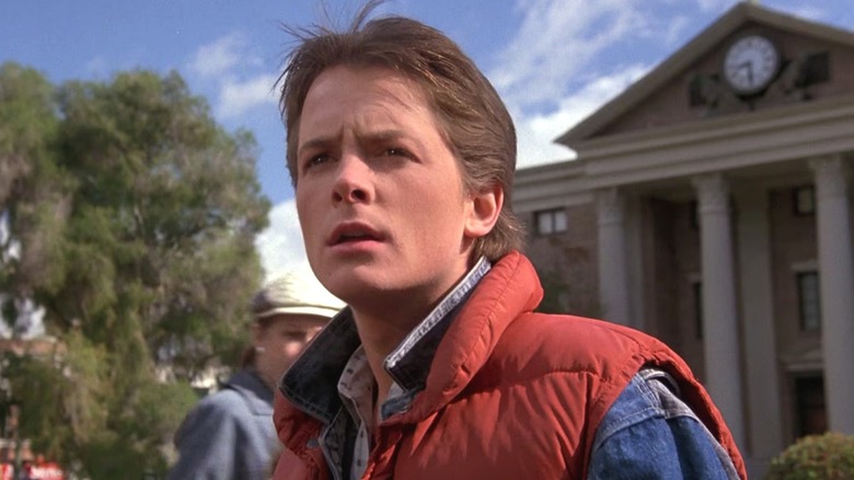 Michael J. Fox's Marty stares ahead in confusion in Back to the Future