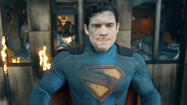 Superman flies into battle against the Kaiju in Superman