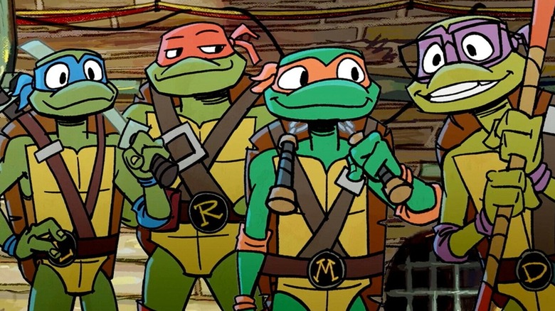 Leo, Raph, Mikey, and Donnie hanging out in the sewer in Tales of the Teenage Mutant Ninja Turtles