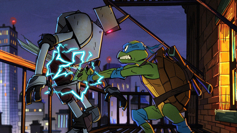 Leonardo stabbing a robot in the torso in Tales of the Teenage Mutant Ninja Turtles