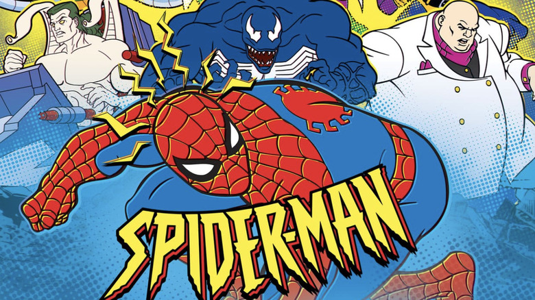 Spider-Man looking over his shoulder because of his spider-sense while Alistair Smythe, Venom, and Kingpin hover above him in the Spider-Man (1994) poster