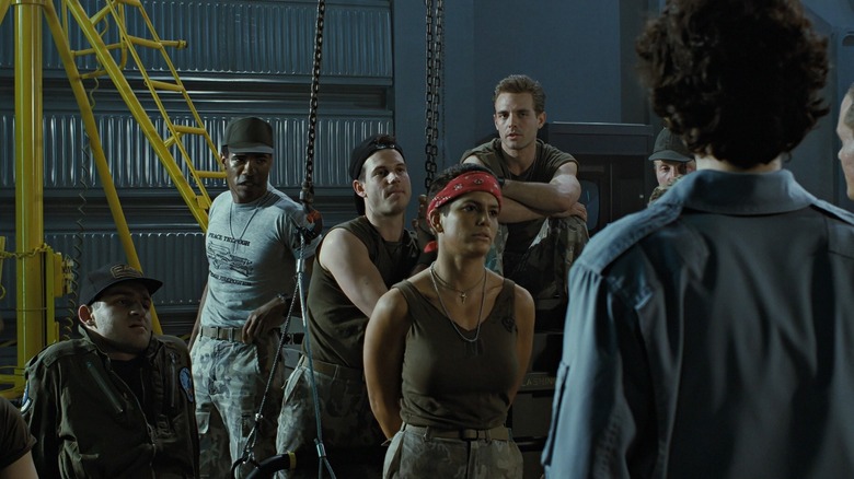Ripley faces a platoon of unfriendly colonial marines in Aliens