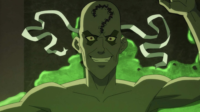 Riddler emerging from Lazarus Pit, grinning and with question-marked shape surgery scar, inBatman: Hush