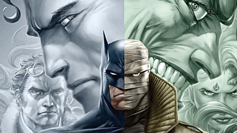 Batman: Hush animated movie poster: Batman and Hush split down the middle, with Thomas Elliott, Bruce Wayne, Joker and Poison Ivy on their sides