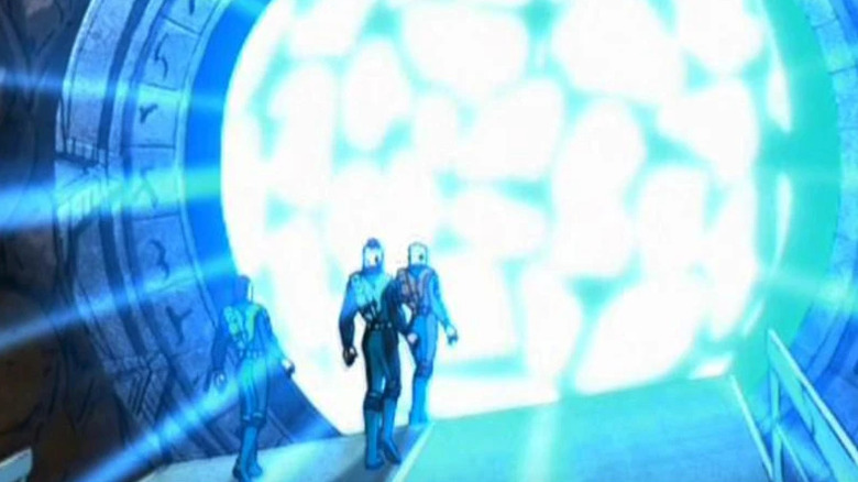 Three people entering a Stargate in Stargate Infinity