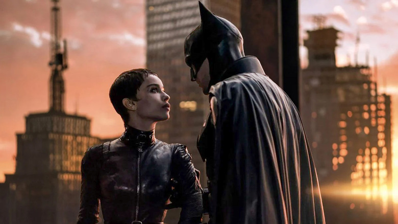 Catwoman and Batman on a Gotham City rooftop in "The Batman"