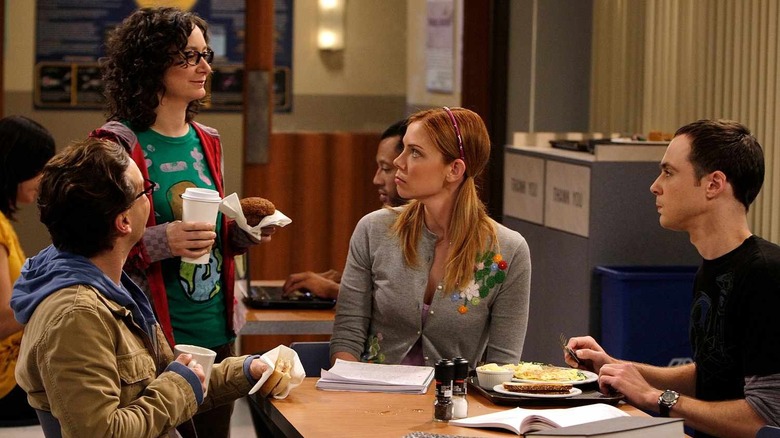 Sara Gilbert as Leslie Winkle with Johnny Galecki as Leonard Hofstadter and Jim Parsons as Sheldon Cooper on The Big Bang Theory