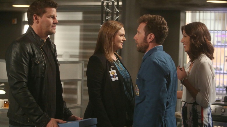 Booth and Brennan saying goodbye to Hodgins and Angela in the Bones season 10 finale