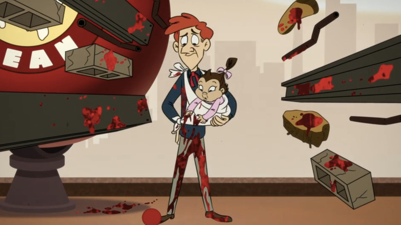 Simon holds Laser Baby in a sling in a room filled with bloodied debris in The Boys: Diabolical