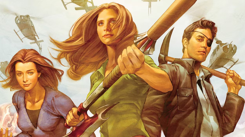 Buffy, Willow and Xander preparing for a battle with helicopters flying above