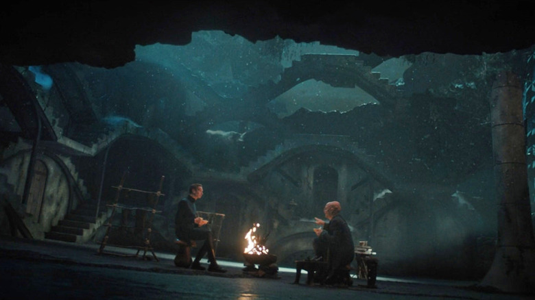 Saru and Su'Kal around a fireplace in a strange open space on Star Trek: Discovery