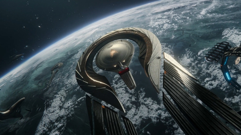 A glory shot of the USS Athena on Star Trek: Starfleet Academy