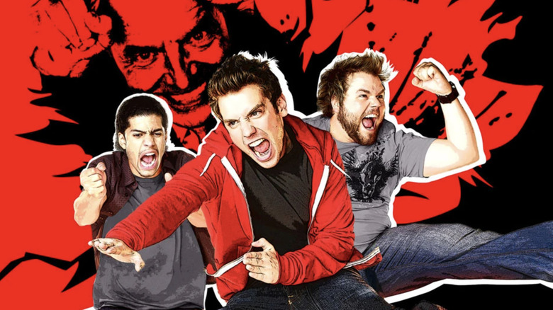 Reaper poster: Ben, Sam, and Sock striking action poses while the Devil looms in the background