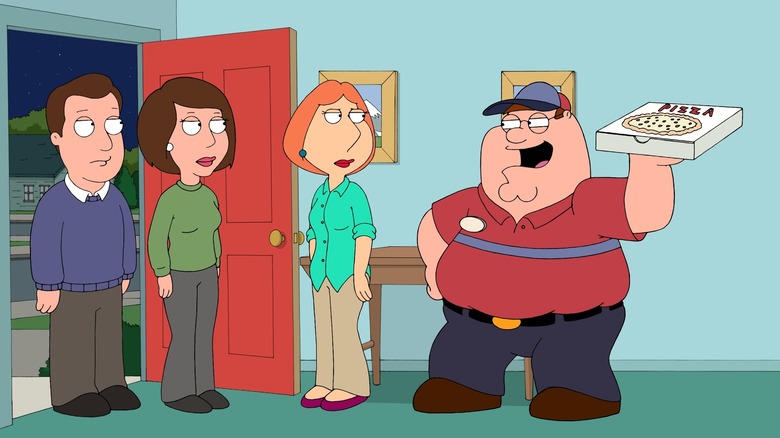 Peter Griffin poses as a pizza delivery man on Family Guy
