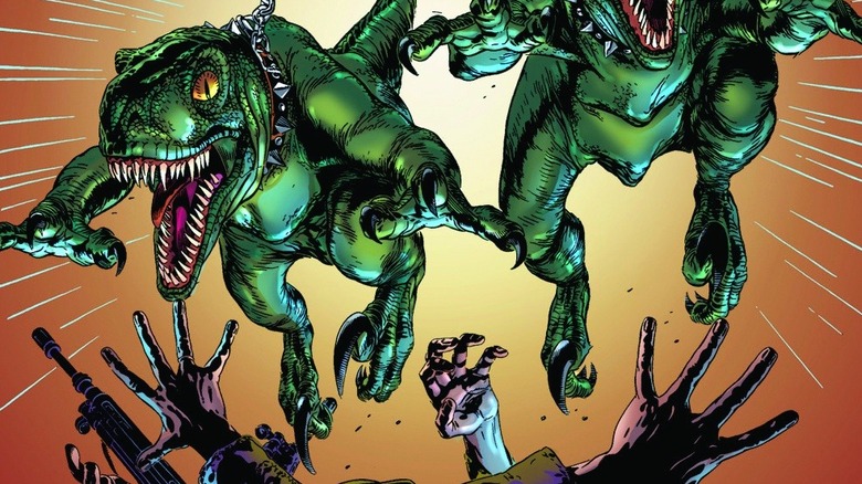 Green Raptors jumping in the cover photo of the classic Jurasic Park Volume 2 series