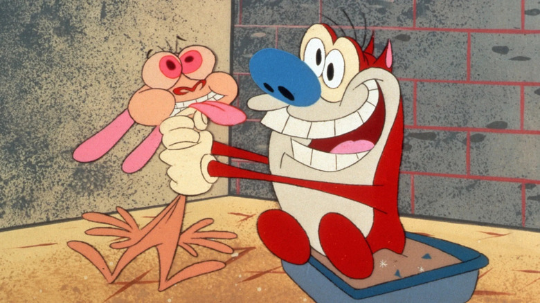 Stimpy squeezing Ren's neck in joy on The Ren & Stimpy Show.
