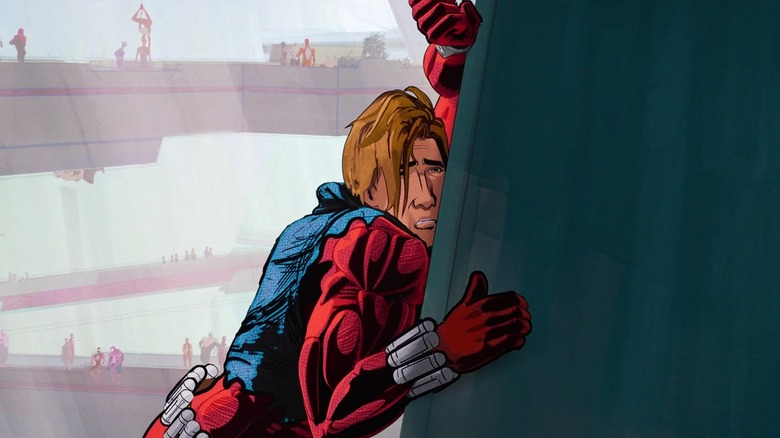Andy Samberg's Scarlet Spider leans against a pillar in Spider-Man: Across the Spider-Verse.jpg