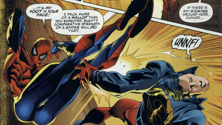 The Ben Reilly Spider-Man fights Superboy in Marvel Comics vs. DC #3