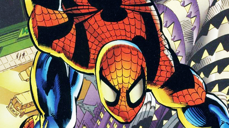The Ben Reilly Spider-Man web slings through the air in DC vs. Marvel Comics #1