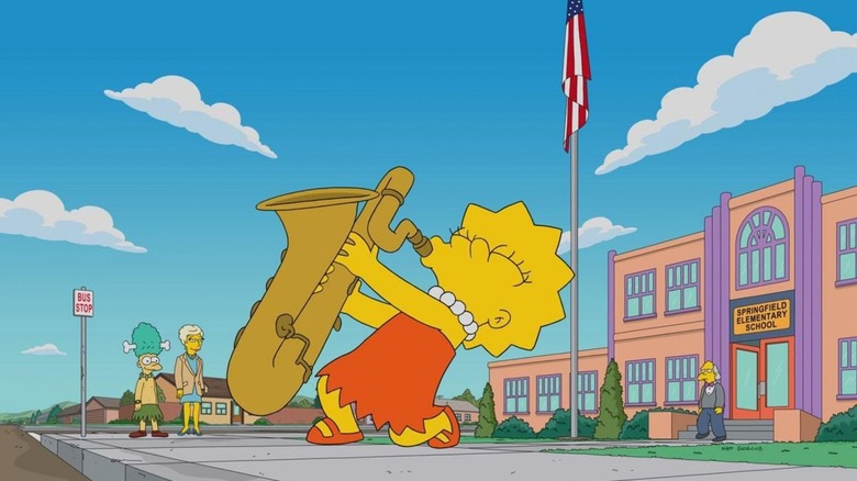 Lisa playing a saxophone in front of her school in The Simpsons