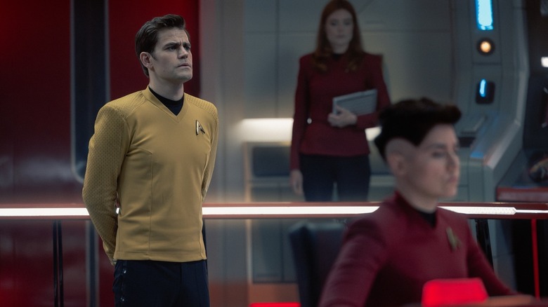 Kirk on the bridge of the Enterprise on Star Trek: Strange New Worlds