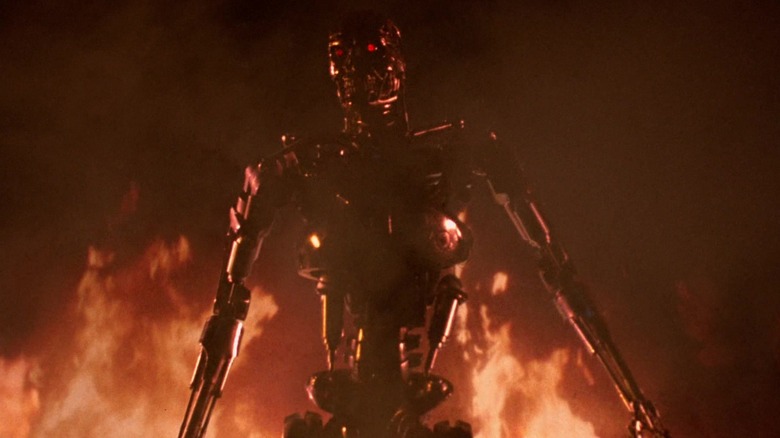 The Terminator rises from flaming wreckage in The Terminator