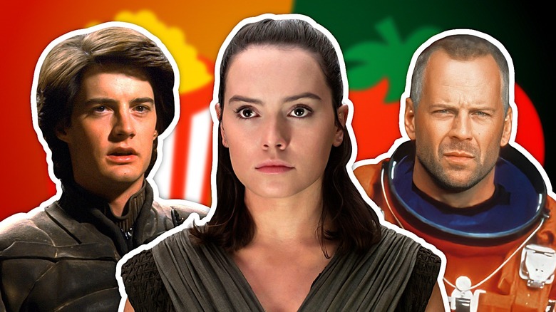 Paul Atreides, Rey, and Harry S. Stamper in front of the Rotten Tomatoes logo and popcorn bucket