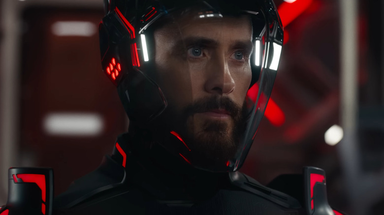 Jared Leto as Ares with his helmet on in Tron: Ares