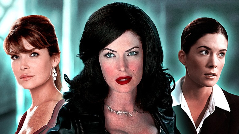 Lara Flynn Boyle as three different characters against a blue-gray background