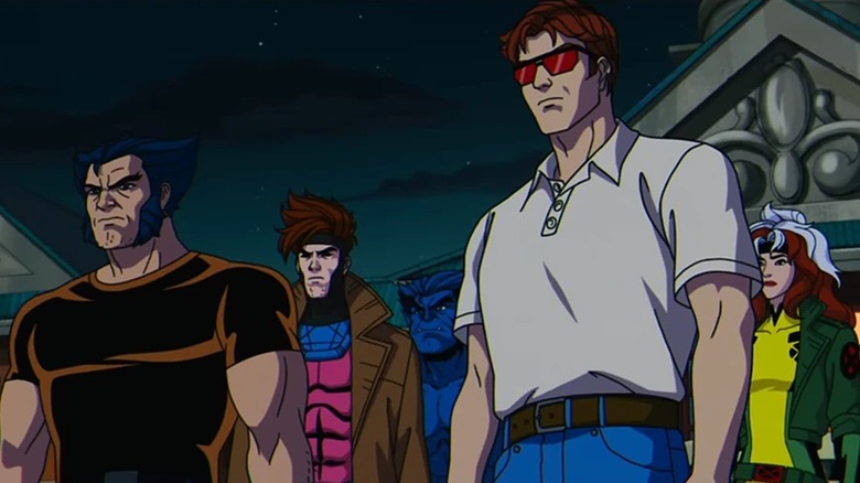 Wolverine, Gambit, Beast, Rogue, and Cyclops standing in front of the X-Mansion in X-Men '97