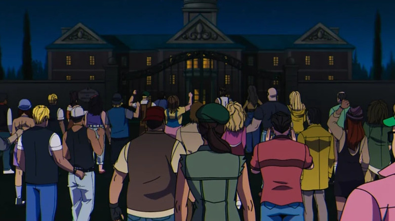 A crowd gathered outside of the gates of the X-Mansion in X-Men '97