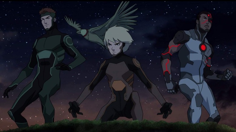 Young Justice - Geo-Force, Beast Boy (as a hawk), Terra and Cyborg