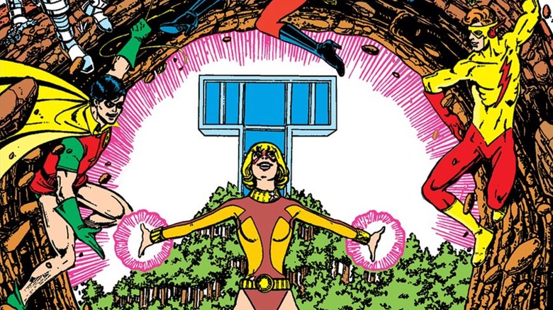 The New Teen Titans #30 cover showing Robin, Terra, and Kid Flash in front of the Titans tower