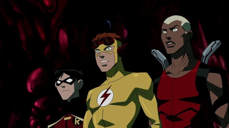 Young Justice - Robin, Kid Flash, and Aqualad all looking shocked