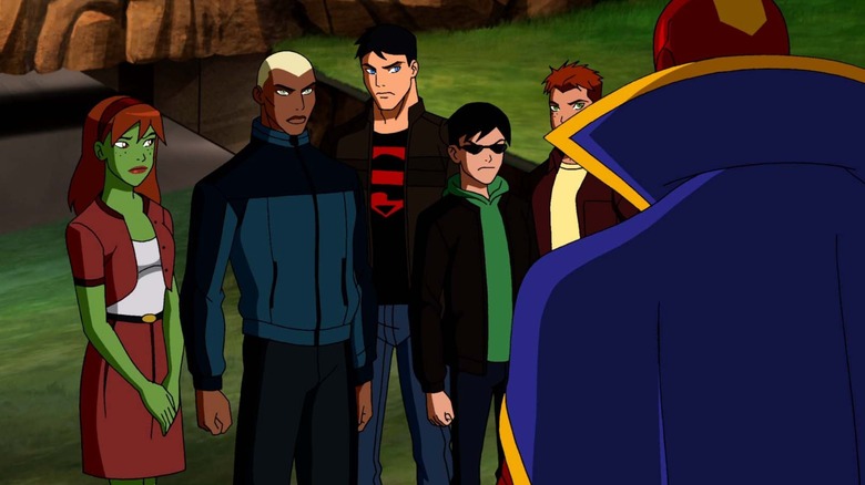 Young Justice - Miss Martian, Aqualad, Superboy, Robin, and Kid Flash in street clothes talking to Red Tornado with his back turned