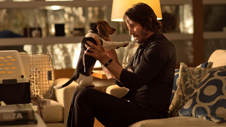 Keanu Reeves' John Wick holds at a small puppy in John Wick