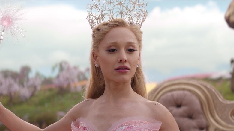 Ariana Grande's Galinda looking concerned in Wicked
