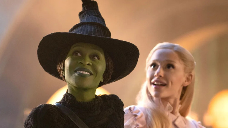 Glinda and Elphaba looking up in wonder in Wicked: Part One